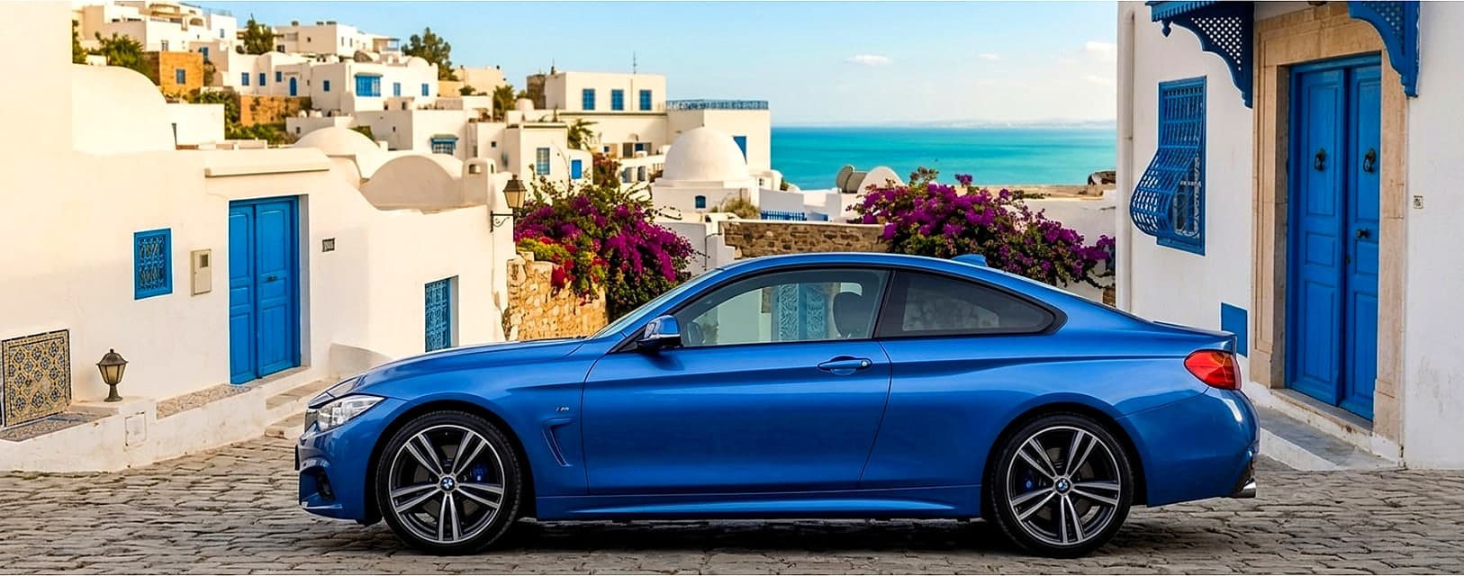 BMW coupé bleu garé à Sidi Bou Saïd, Tunisie