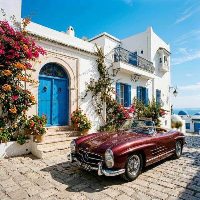 Voiture décapotable classique garée devant une maison traditionnelle à Sidi Bou Saïd, Tunisie